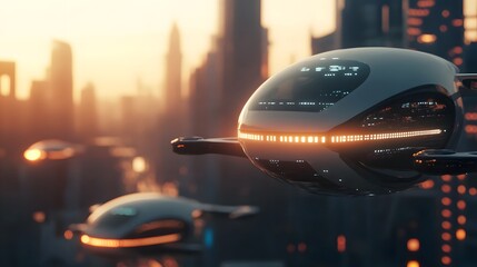 Modern urban landscape featuring futuristic flying vehicles at sunset over a bustling city skyline