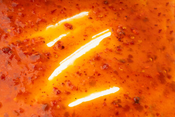 Nuoc Cham Orange Sauce Texture Background, Red Asian Jelly Dip Smear Pattern, Hot Pepper