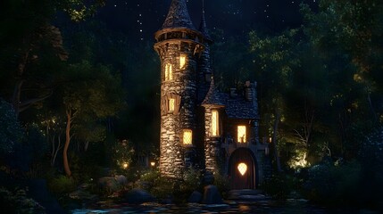 Fototapeta premium Enchanted stone tower illuminated at night, surrounded by lush forest and sparkling stars above