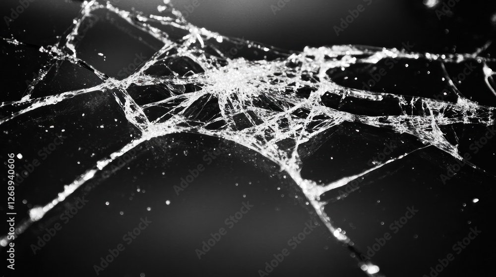 Poster a close-up of a delicate spider web on a dark background, showcasing intricate patterns.