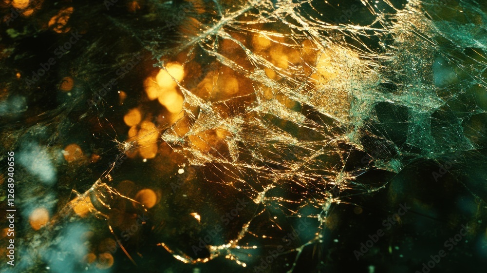 Poster a close-up of a delicate spider web shimmering with light.