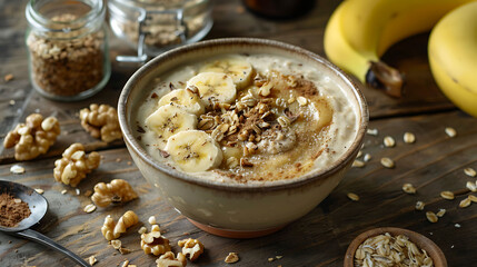 Smoothie bowl with bananas and walnuts with coconut yogurt spiced oat granules and bottles of glass