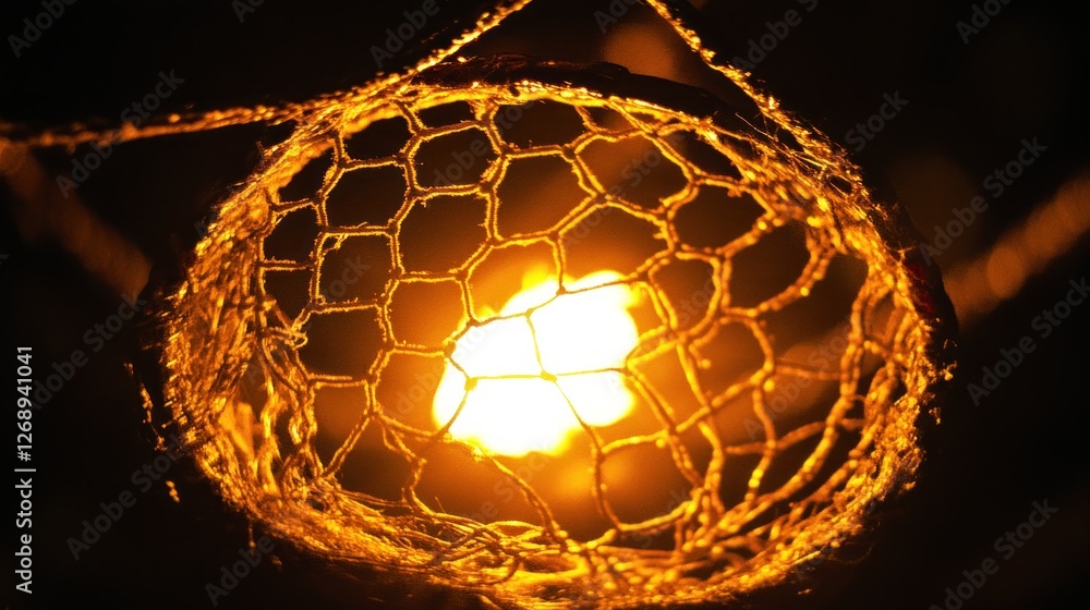 Poster a close-up of a glowing light surrounded by a woven net, creating a warm ambiance.