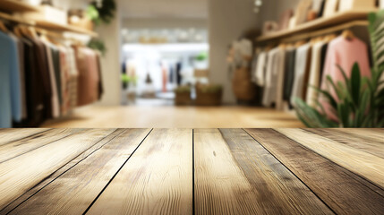 Empty Wooden Table with Blurred Fashion Store Background – Perfect for Product Display, E-commerce, and Retail Marketing