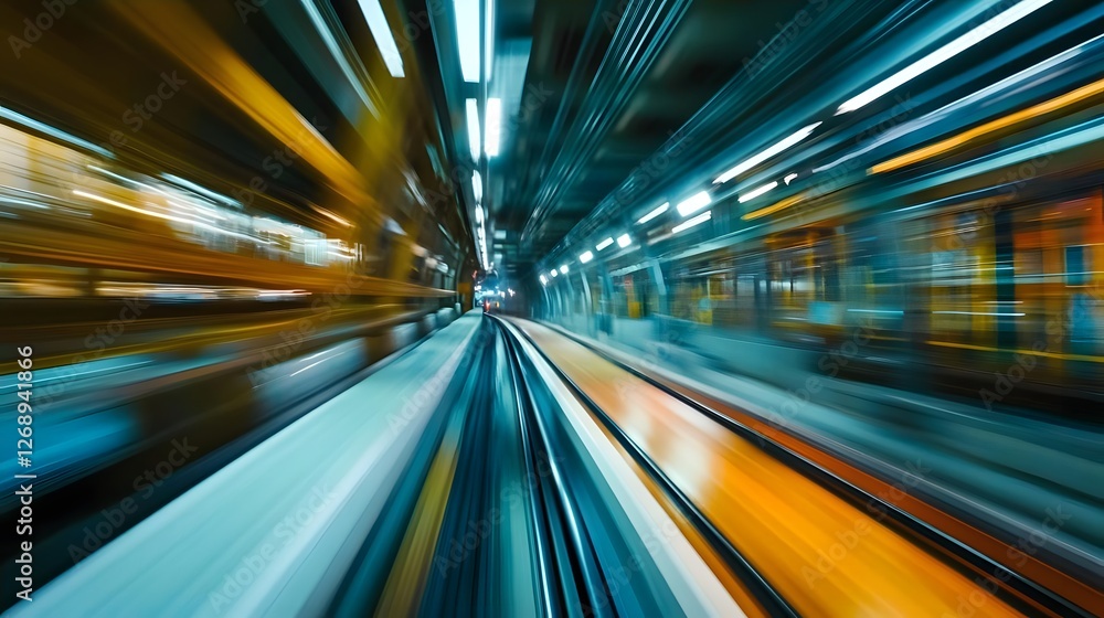 Aufkleber dynamic view of a speeding train on tracks, capturing motion blur in an urban environment