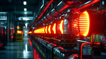 Futuristic Industrial Pipeline with Red Neon Lights in Dark Environment