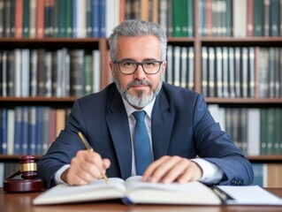 Experienced professional at desk in front of bookshelves, writing in an open book