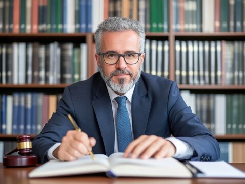 Experienced professional at desk in front of bookshelves, writing in an open book