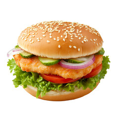 Delicious Crispy Chicken Burger Sesame Bun Lettuce Tomato Onion