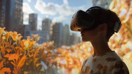 A person wearing a virtual reality headset, immersed in a digital world with realistic 3D simulations