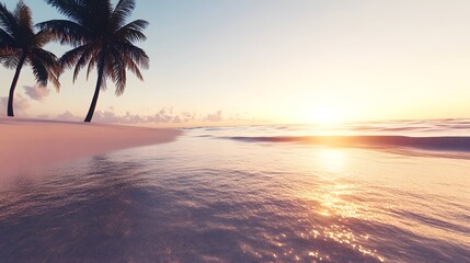 Fototapeta premium Calm sunset on a tropical beach with palm trees and gentle ocean waves reflecting warm colors