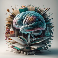 A surreal 3D-rendered artwork of a pink brain bursting with creativity and knowledge. Around the brain 