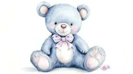 Fluffy chibi bear cub with soft round ears, a tiny nose, and pastel watercolor fur, sitting happily on a white background