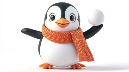 Obraz premium Cute cartoon penguin character with a snowball and orange scarf