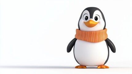 Fototapeta premium Cute Cartoon Penguin Character in Cozy Orange Scarf on White Background