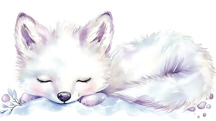 Fototapeta premium Kawaii chibi arctic fox with a fluffy tail, curled up in the snow, soft watercolor textures, white background
