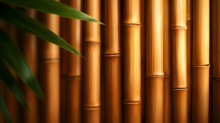 Golden Bamboo Wall with Green Leafy Accent Creating a Natural Textured Backdrop in Warm Lighting