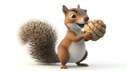Cute cartoon squirrel happily holding a large walnut in its paws