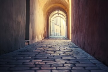 Obraz premium Arched cobblestone passageway leading to bright daylight at the end