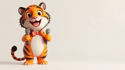 Cheerful cartoon tiger holding microphones in playful pose