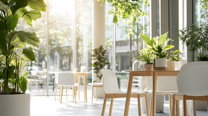 Bright and airy interior with greenery in a contemporary cafe during daytime