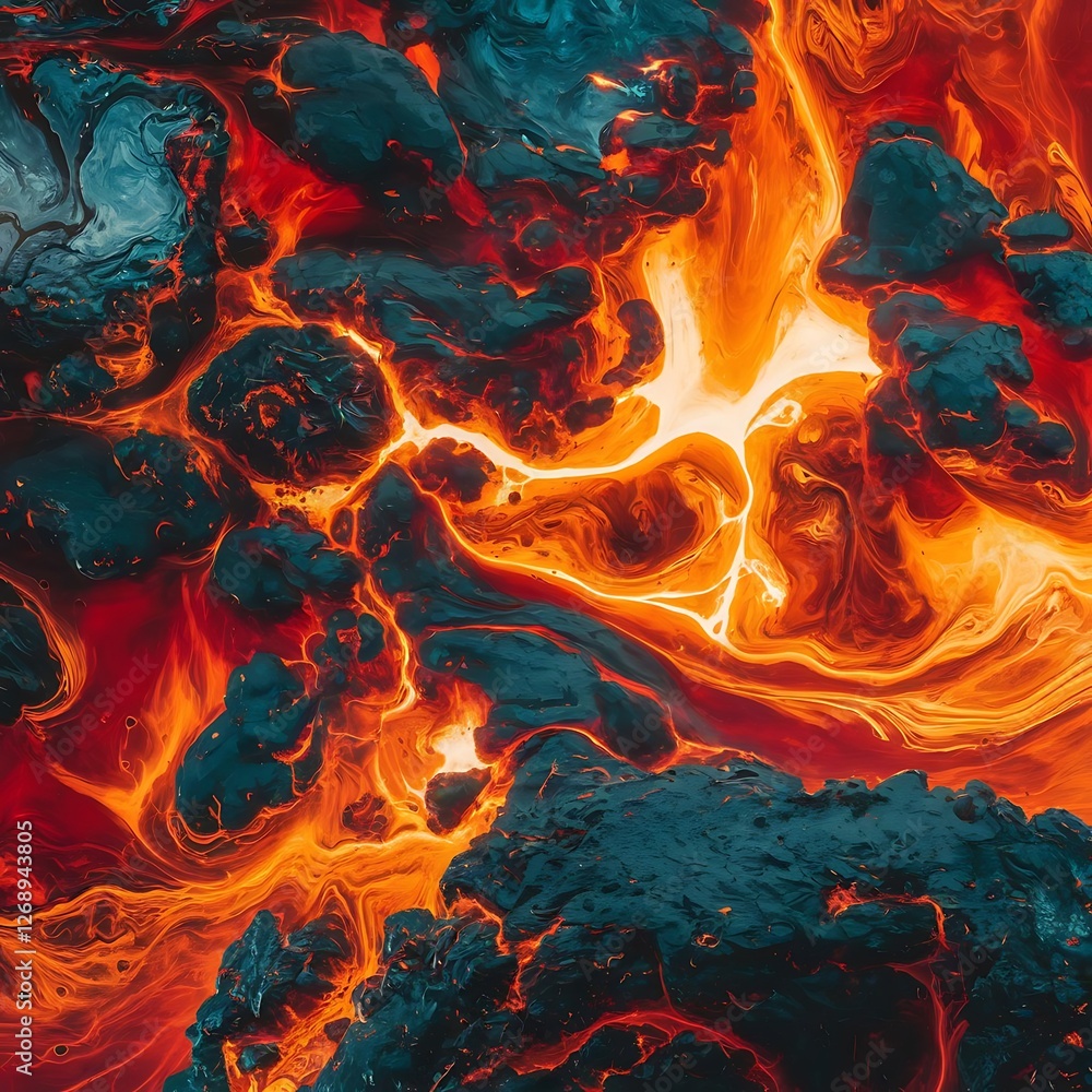 Poster fiery abstract lava flow with intense molten texture and glowing hot magma in a dynamic volcanic bac