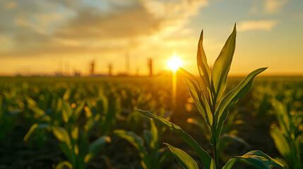 Golden Sunset Over Cornfield in Rural Landscape Under Blue Sky