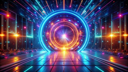 Futuristic Holographic Portal: Vibrant Neon Energy Waves Stock Photo