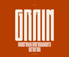 Geometric condensed sans serif typeface, vector tall and massive simple minimal font, poster and advertising letters and numbers alphabet for logos headers or slogans.