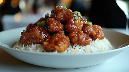 Tender General Tsoaes Chicken, crispy exterior, sweet and sour sauce drizzled over, served with jasmine rice