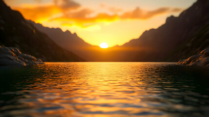 Golden Sunset Over Mountain Lake Landscape Scenery with Vibrant Sky Water Reflection and Tranquil Atmosphere