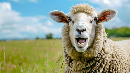 Obraz premium A portrait of a domestic sheep on a grassland with its jaw agape