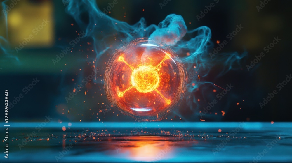 Poster a physics experiment showing neutrons being fired into a sample, resulting in a nuclear reaction.