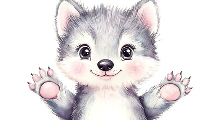Fototapeta premium Kawaii chibi wolf with tiny paws, fluffy watercolor fur, and a happy expression, standing on a white background
