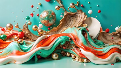 Abstract Swirling Paint Splash with Metallic Spheres