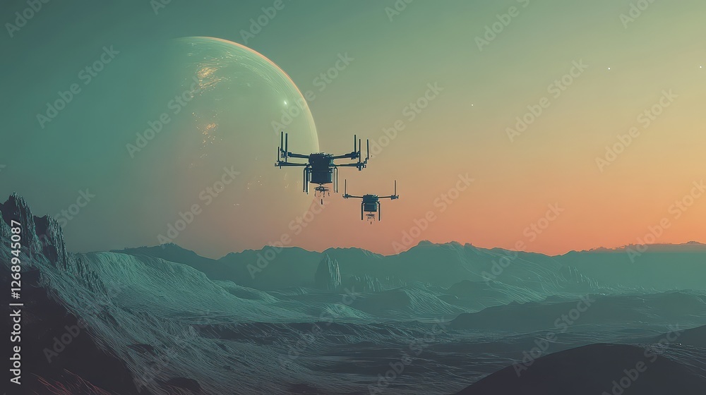 Poster a pioneering innovation in space exploration where autonomous drones and spacecraft are used for dee