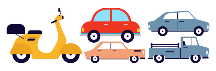 Car and Public Transport Hand Draw Style. Cartoon Transportation Doodles set. Children's products. Emergency vehicles and Construction Equipment