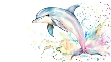 Playful chibi dolphin with a cute smile, jumping in the air with a watercolor splash effect, isolated on a white background