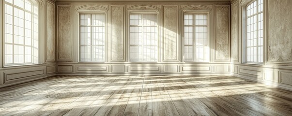 A spacious, well-lit room features large windows casting shadows on the wooden floor, showcasing elegant architectural details.