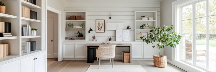 Bright Home Office With White Built Ins And Natural Light