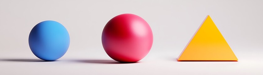 Fototapeta premium Vibrant geometric shapes in primary colors, showcasing a blue sphere, a red sphere, and an orange pyramid. Perfect for design, education, or creative projects.