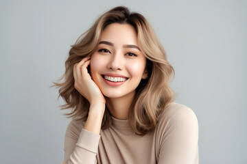 A young woman with wavy, shoulder-length brown hair smiled brightly with her hand gently resting on her cheek