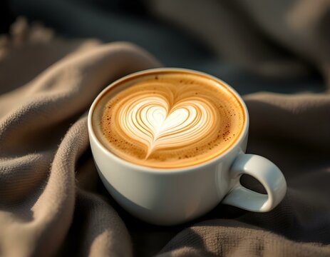 Close up white coffee cup with heart shape latte art - Powered by Adobe