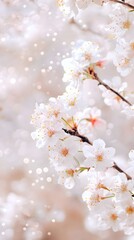 Cherry blossom branches adorned with delicate white flowers in springtime bloom against a soft bokeh background