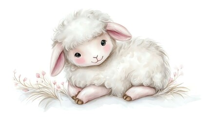Sweet chibi sheep with fluffy wool, tiny hooves, and a watercolor-painted soft expression, sitting on a white background