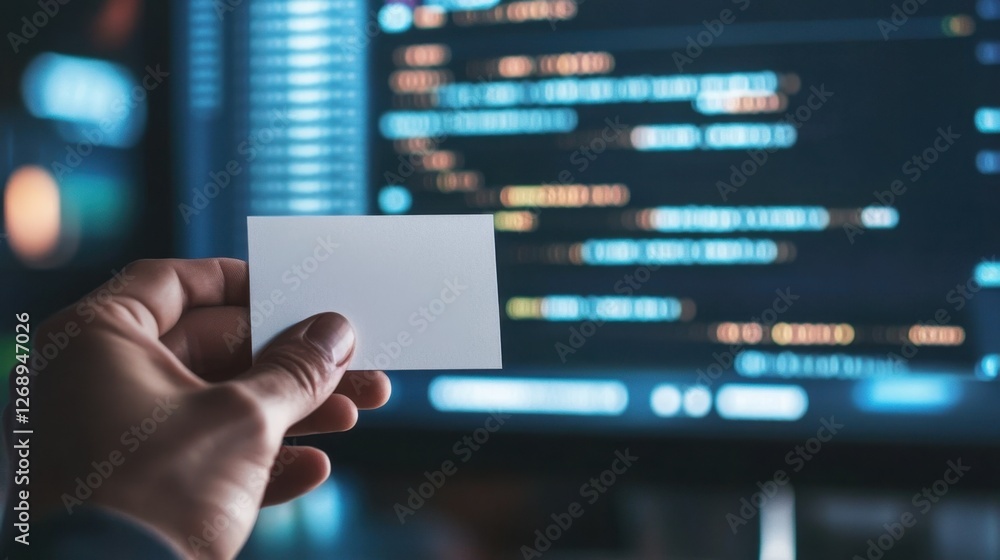 Poster hand holding blank card in front of computer screen with code