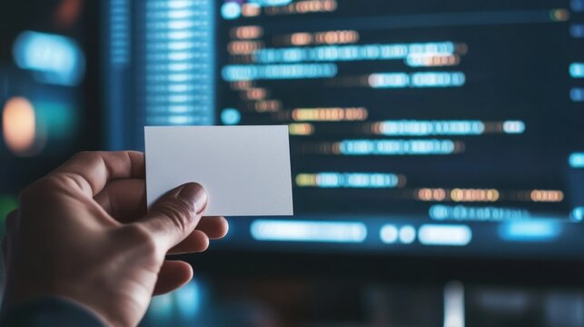 Hand holding blank card in front of computer screen with code