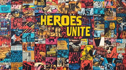 colorful comic book collage heroes unite