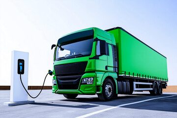 Green Coloured Electric Lorry Charging