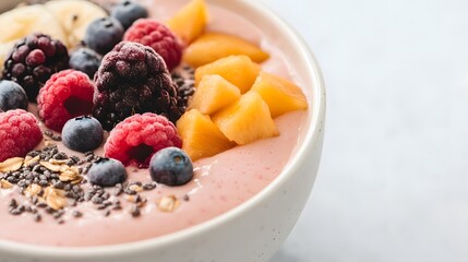 Bright and healthy smoothie bowl topped with fresh fruits and seeds enjoyed in a bright kitchen setting